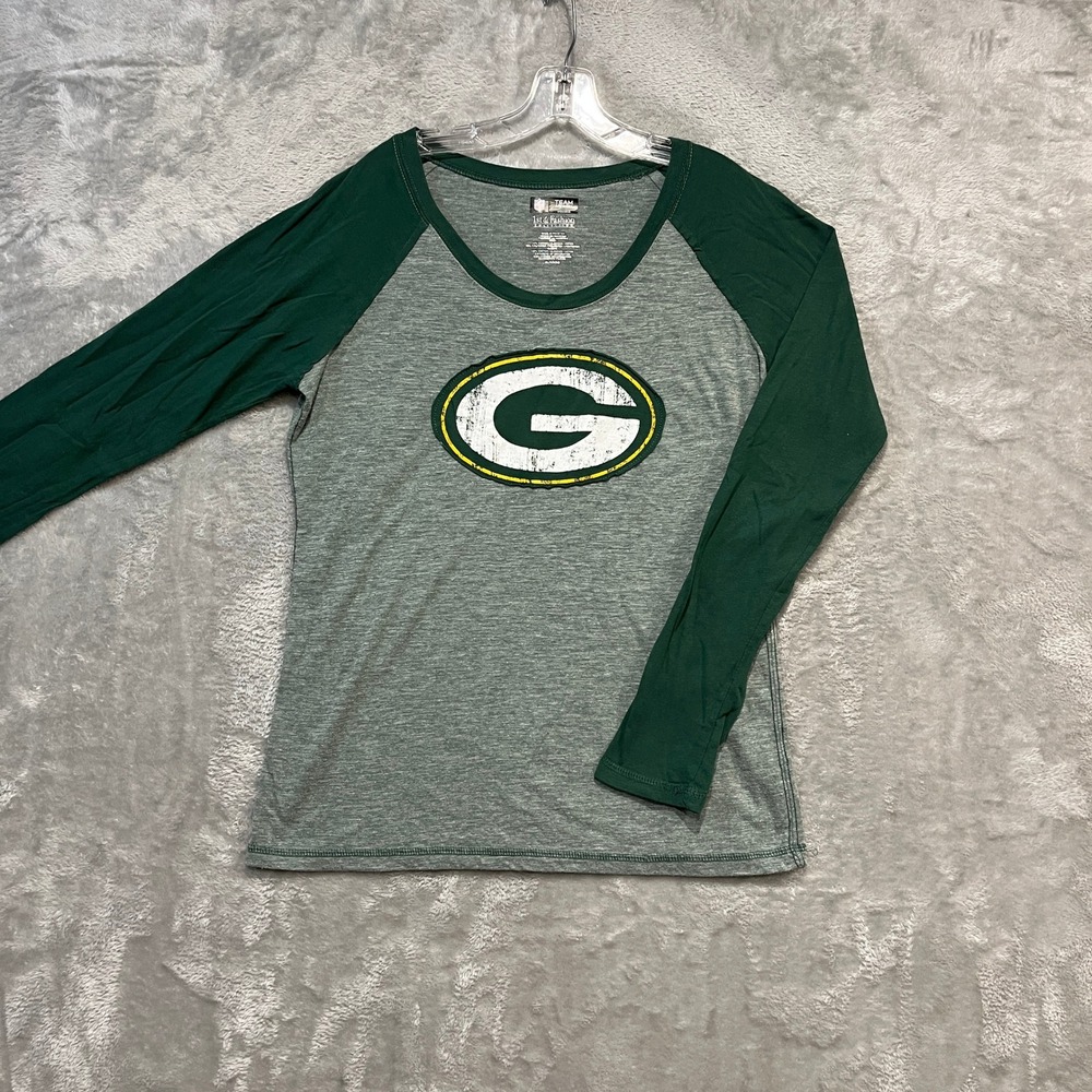 NFL Team Apparel Green Bay Packers Shirt Womens XL Green Grey Raglan Long Sleeve